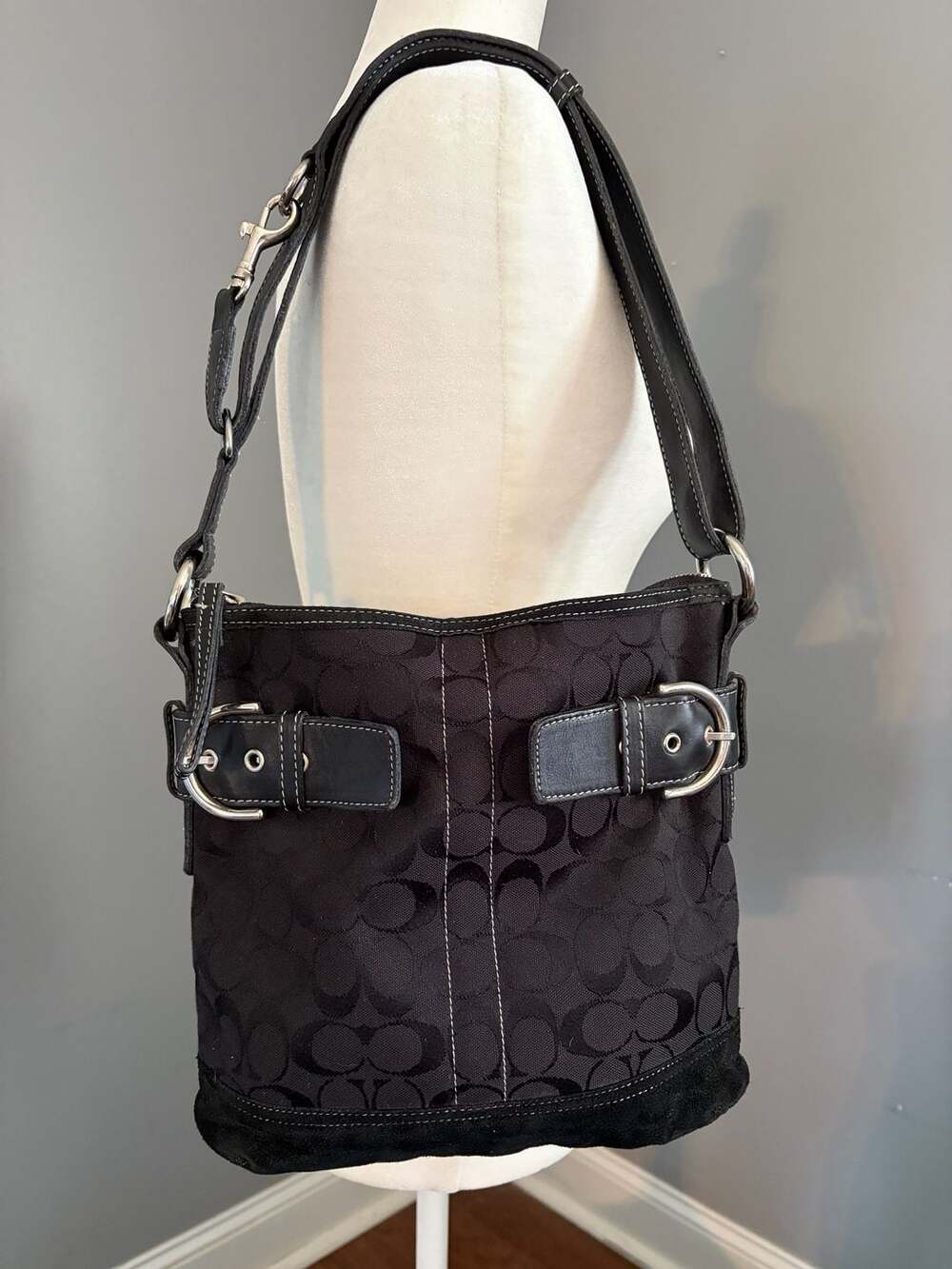 Coach Soho Signature Canvas Leather Shoulder Bag Black